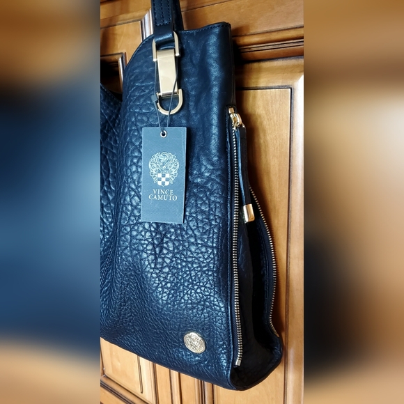 NEW Vince Camuto Genuine Pebble Leather "Riley" Tote Crossbody Bag Purse Black - Picture 2 of 16